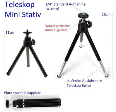 1/4" Mini Stativ mit Winkel Verstellung &Teleskop Beinen