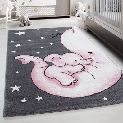 Teppich Kinderteppich Rund Kurzflor Pflegeleicht Elepfant Kinderzimmer Pink