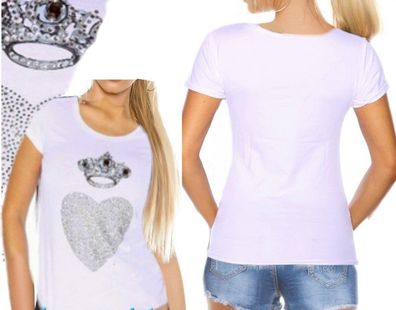SeXy Damen Kurzarm T Shirt Top S/ M 34/36 L/ XL 38/40 Krone strass Herz weiß
