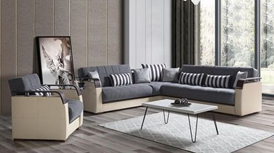 Ecksofa L-Form + Sessel Grau Komplett Wohnzimmer Set 2tlg. Luxus Möbel