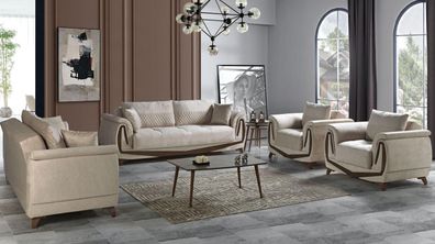 Sofagarnitur 3 + 2 + 1 + 1 Holz Wohnzimmer Luxus Sofa Modern Stoff Komplett Neu