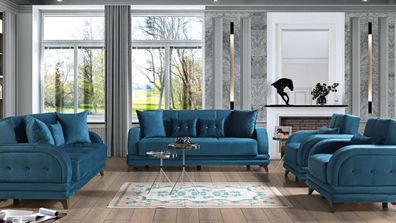 Sofagarnitur 3 + 2 + 1 + 1 Holz Wohnzimmer Luxus Sofa Modern Stoff Komplett Modern