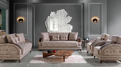 Sofagarnitur 3 + 2 + 1 + 1 Holz Wohnzimmer Luxus Sofa Modern Stoff Komplett Modern