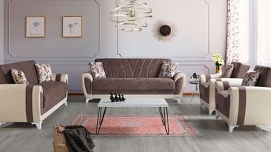 Schlafsofa Sofagarnitur 3 + 2 + 1 + 1 Sitzer Textil Sofa Sessel Komplett Set Braun