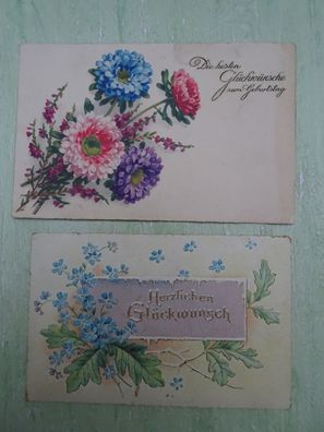 sehr alte Postkarten AK von 1928 & ? Herzlichen Glückwunsch zum Geburtstag Blumen