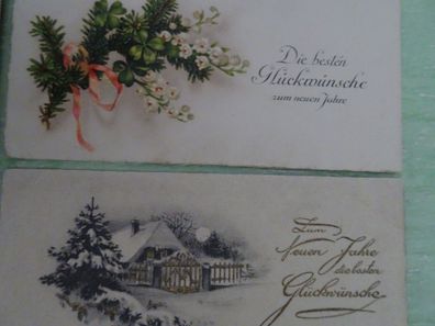 2 sehr alte Karten zum neuen Jahr altgold-geprägt & Blütenzweig