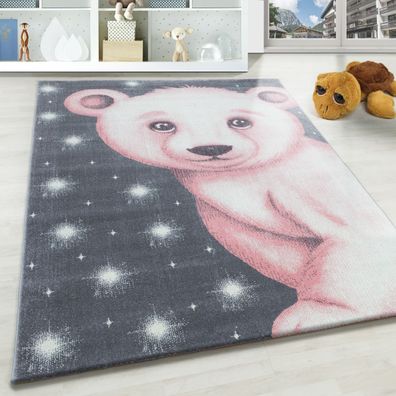 Eisbär Design Kinderteppich Kurzflor Kinderzimmer Babyzimmer Teppich Grau Pink