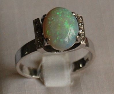 Weißgold Ring Solitär Opal Diamant Brillant 750 Gold Handarbeit