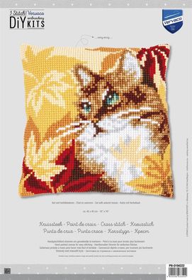 Vervaco PN-0194222 Kreuzstichkissenpackung Katze mit Herbstlaub
