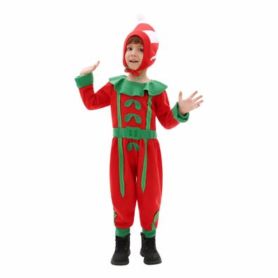 Weihnachtself Cosplay Jumpsuit mit Kopfhaube Kinder Halloween Onesie 2er-set Bodysuit