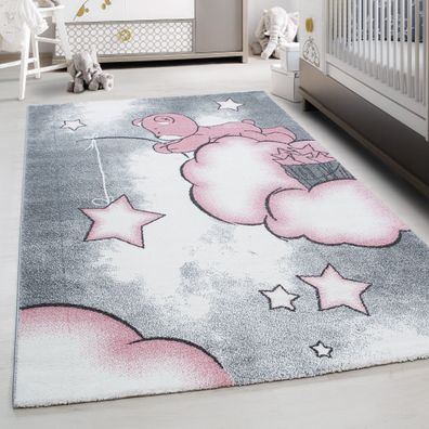 Teppich Kinderteppich Rund Kurzflor Pflegeleicht Bär Kinderzimmer Pink