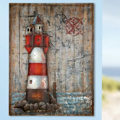 Gilde Bild "Leuchtturm" auf Holz Kunstobjekt "Gilde Gallery" Handarbeit H: 100 cm ...