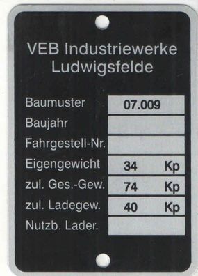 IWL Typenschild VEB, Baumuster 07.009, Industriewerke Ludwigsfelde, Alu, Blanko, Neu