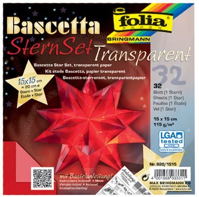 folia Faltblätter Bascetta-Stern rot-transparent 115 g/ qm 150 x 150 mm 32 Blatt