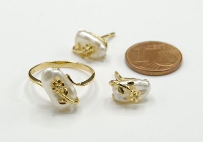 Schmuck Set Ring Ohrstecker Keshi Perle Diamant 750 Gold