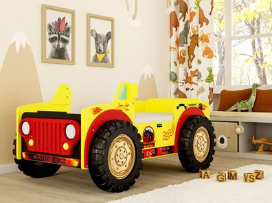 Monster Truck] Kinderbett in Gelb/ Rot Hochwertiges MDF Kinderzimmer Bett 207x116x90