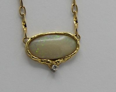 Unikat Goldschmiede Kette Collier Voll Milch Opal Diamant 585 Gold 14 Gramm