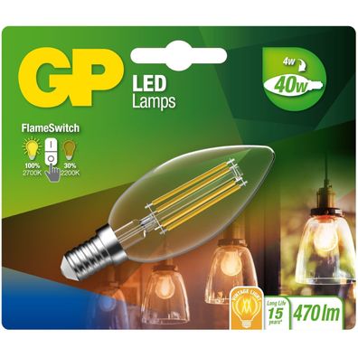 GP Vintage LED-Lampe Kerze Filament 2-Stufen E14 B35 4W 40W Birne Leuchtmittel