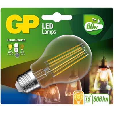 GP Vintage LED-Lampe Filament 2-Stufen E27 A60 7W 60W Globe Birne Leuchtmittel