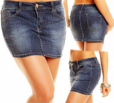 SeXy Miss Damen Hüft Jeans Mini Rock Girly Nieten gold XS 32 S 34 M 36 L 38 blau