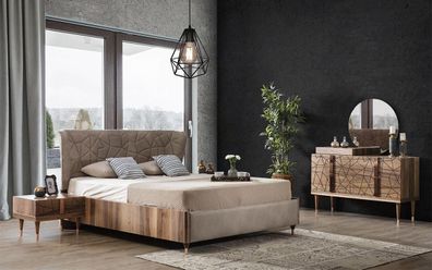 Modern Schlafzimmer Set Bett + 2x Nachttische + Kommode mit Spiegel Luxus Braun
