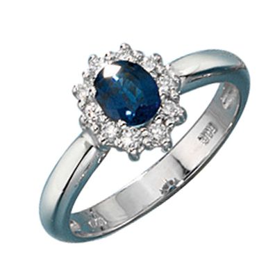 Damen Ring 585 Gold Weißgold 1 Safir blau 10 Diamanten Brillanten Goldring.