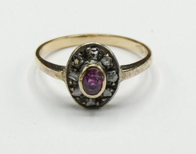 Solitär Rubin Altschliff Diamant Rosen Ring klein 750 Gold Antik