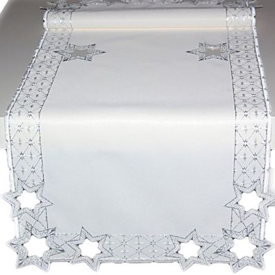 Plauener Spitze Tischläufer Weihnachten 40x100 Sternenzauber Silber Tischdecke