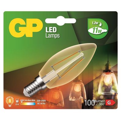 GP Vintage Gold LED-Lampe Kerze Filament E14 B35 1,2W 11W Birne Leuchtmittel