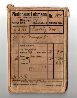 Alter Umschlag Rechnung Photo Haus Richard Lehmann in Plauen von 1932 Fotograf Foto