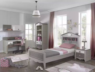 Komplette Kinderzimmer Garnitur Bett 5tlg Set Holz Grau Kindermöbel Schlafzimmer