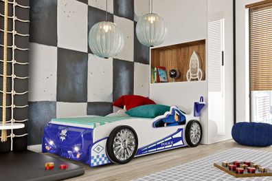 Police] Kinderbett in Blau/ Weiß Hochwertiges MDF Kinderzimmer Bett 220x140x73