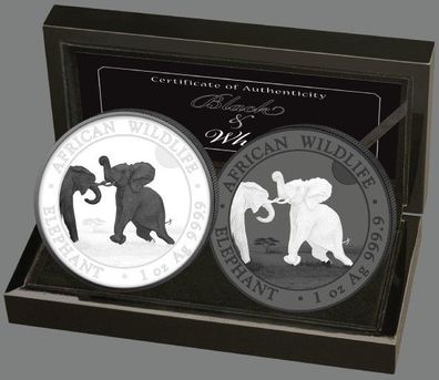 Somalia Elefant Black & White Set 2024 2 x 1 oz 999 Silbermünzen Box & Zertifikat