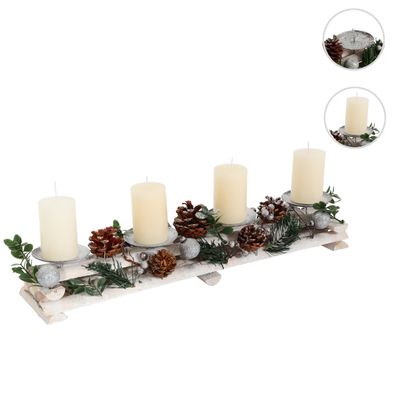 Adventsgesteck HWC-M12 mit Kerzenhaltern Weihnachtsdeko Holz silber weiß 18x49x13cm