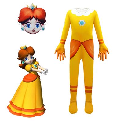 Princess Daisy Cosplay Jumpsuit mit Maske Spiel Super Mario Kinder Halloween Onesie