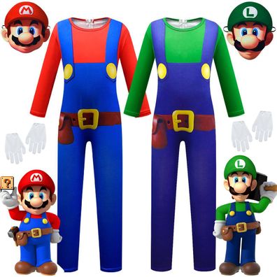 Super Mario Cute Luigi Cosplay Jumpsuit mit Maske Spiel Kinder Halloween Party Onesie
