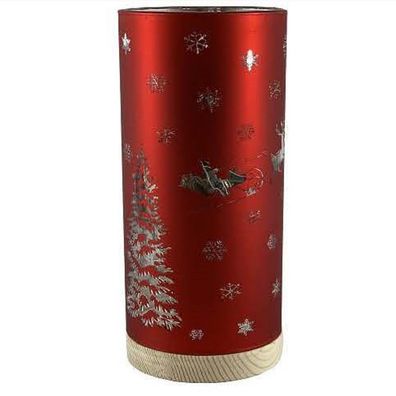 Windlicht "Weihnachtsmotiv" 15er LED Timer rotes Glas 20x9cm Holzfuß SA302