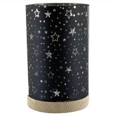Windlicht "Sternenmotiv" 10er LED Timer Glas schwarz 15x9cm Holzfuß SA304
