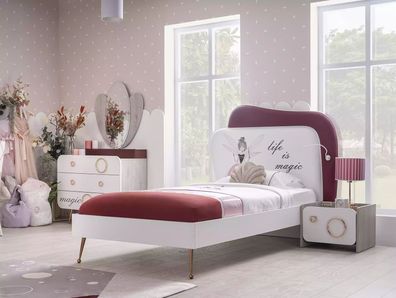 Designer Kinderzimmer Set Bett Spiegel Kommode Nachttische Rosa Holz