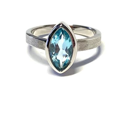 Ring 925/ - Silber rhodiniert Blautopas navette matt schlicht Unikat #49