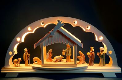 Krippe geschnitzt Christi Geburt im Stall LED Schwibbogen Erzgebirge Fachhandel