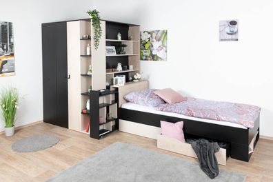 Kinderbett / Jugendbett Aalst 14, Farbe: Eiche / Creme / Schwarz - Liegefläche: