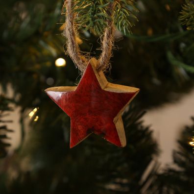 Holzstern Weihnachtsstern Hängestern Anhänger Jute Kordel 5,5cm emailliert rot