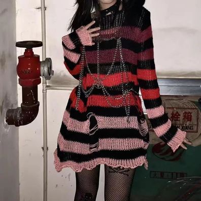 New punk gothic long sweater striped hollow hole sweater loose rock thin clothing