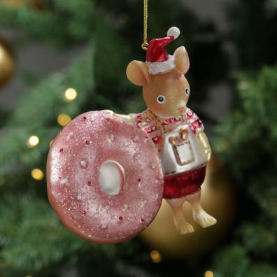 Christbaumschmuck Maus mit Donut süß Weihnachtsbäckerei Glas H: 11,5cm