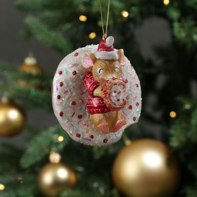 Christbaumschmuck Maus mit Donut süß Weihnachtsbäckerei Glas H: 10cm