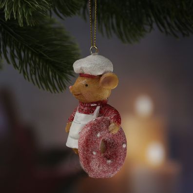 Christbaumschmuck Maus mit Donut süß Weihnachtsbäckerei Polyresin H: 8,5cm