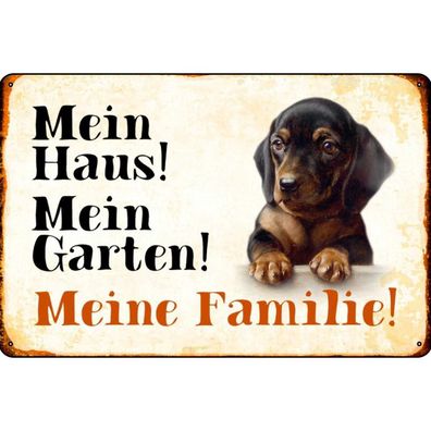 Blechschild 18x12 cm - Hund Dackel mein Haus Garten Familie