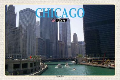 Blechschild 20x30 cm - Chicago USA Chicago River Fluss Hochhäuser