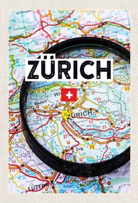 Holzschild 20x30 cm - Zürich Schweiz Karte Lupe Stadt